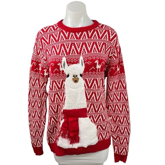 Blizzard Bay Red Fair Isle Llama Crew Neck Pullover Ugly Christmas Sweater Sz M - Picture 1 of 4